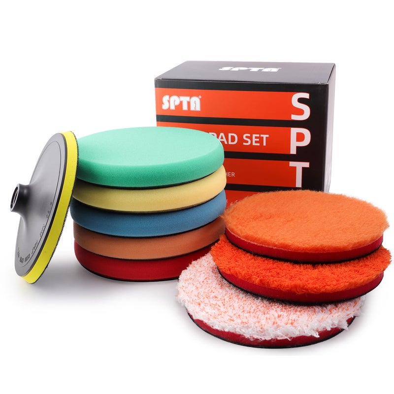 SPTA 9Pcs Polishing Pads Kit, 7 Inches Large Size Buffing Pads, Car Foam Buffing Sponge Pads Kit with 5/8"-11 Backing Plate for Car Care Polisher Boat Waxing, Polishing, Sealing Glaze - Image 1